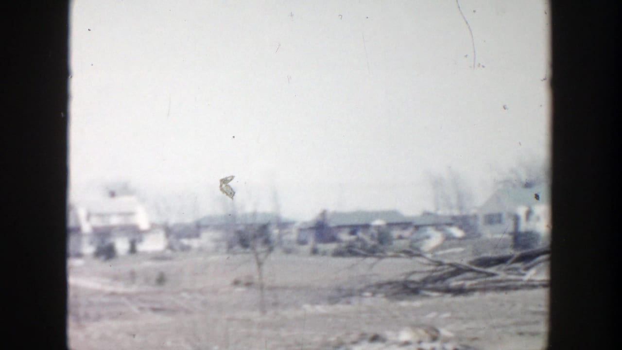 Open rural ground with distant low buildings, bare trees, and scattered debris under a pale sky.