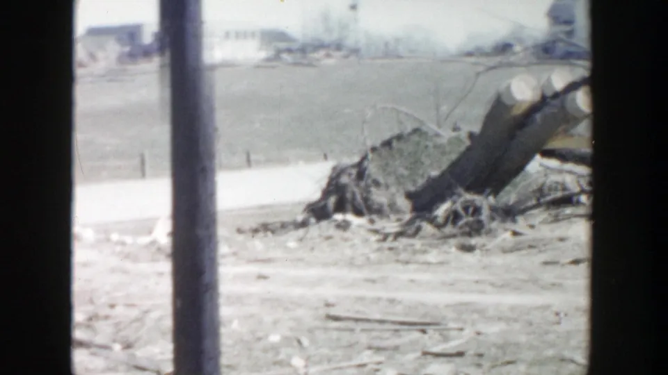 1956 Grand Rapids home-movie frame showing uprooted trees, pale ground, and distant structures beyond a debris-strewn edge.