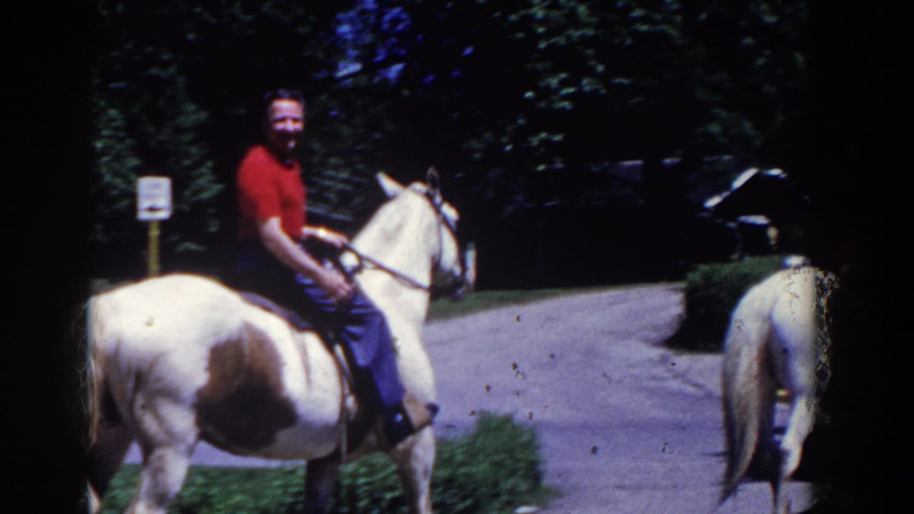 Man in a red shirt riding a white-and-brown horse on a paved outdoor path.
