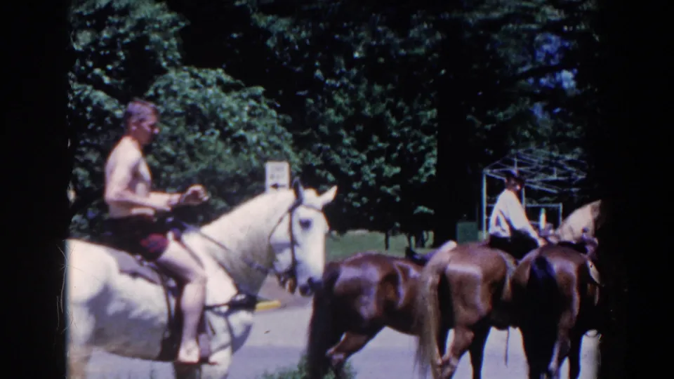 The white horse and rider move near a small group of brown horses and riders on the tree-lined French Lick path.