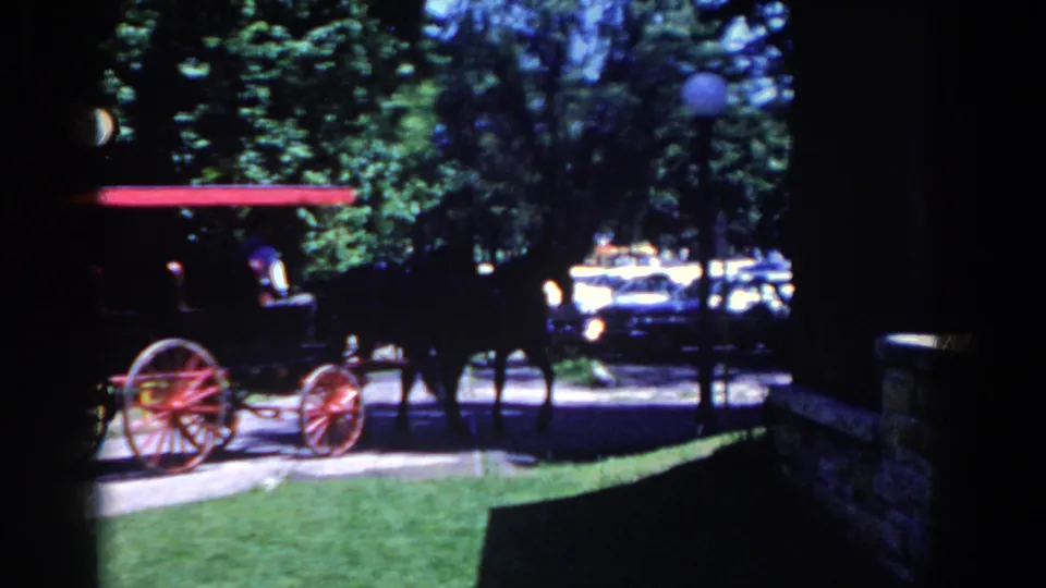 The buggy moves farther along the French Lick street, its red wheels and dark horse team silhouetted against sunlit cars and trees.