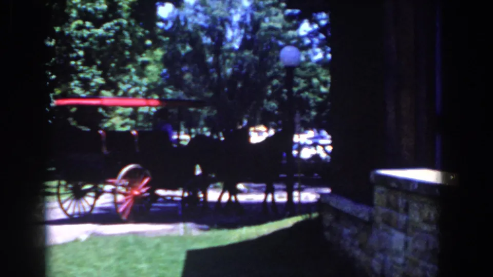 The horse-drawn buggy continues through the frame beside a stone wall and shaded structure, with trees and bright pavement behind it.