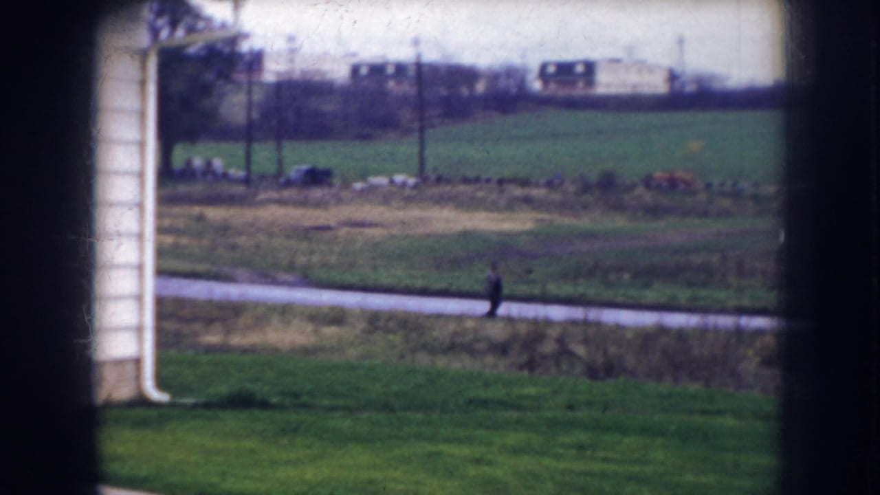Distant person walking along a paved path beyond a window frame and grassy yard.