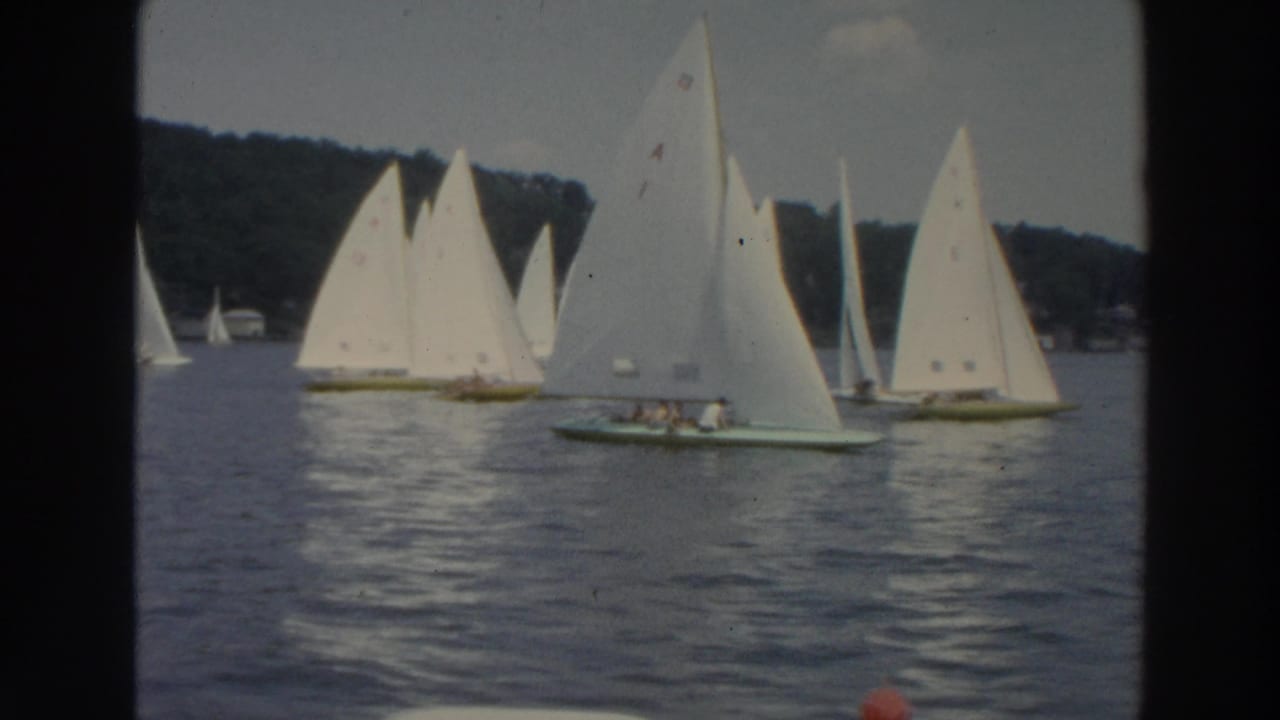 A cluster of white-sailed boats crosses the water with shore behind them.