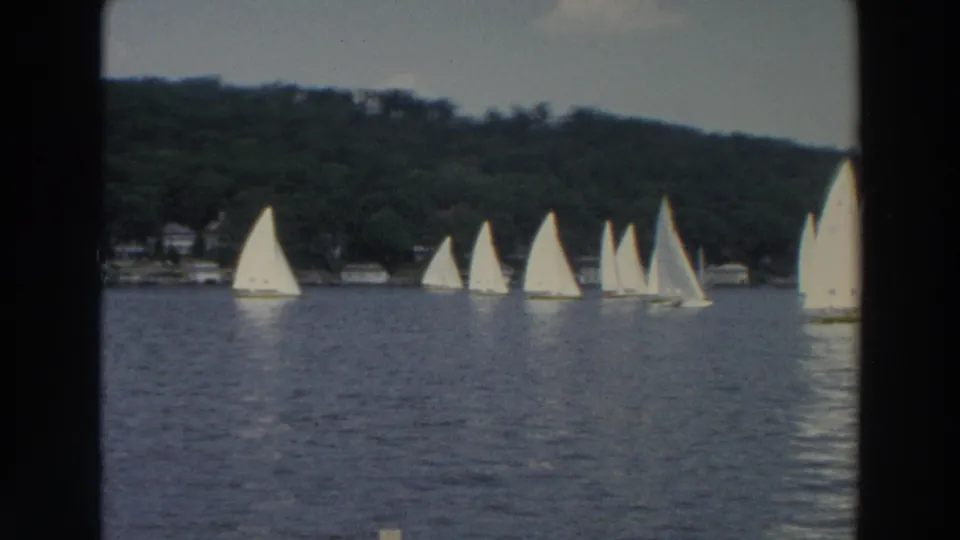 Wide 1966 Wisconsin lake view with white sails scattered across rippled water and a wooded shoreline behind them.