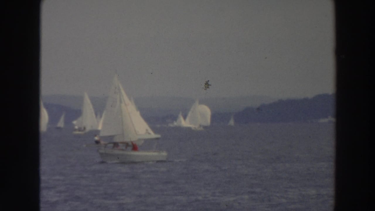 Sailboats on a lake with a small motorboat in the foreground.