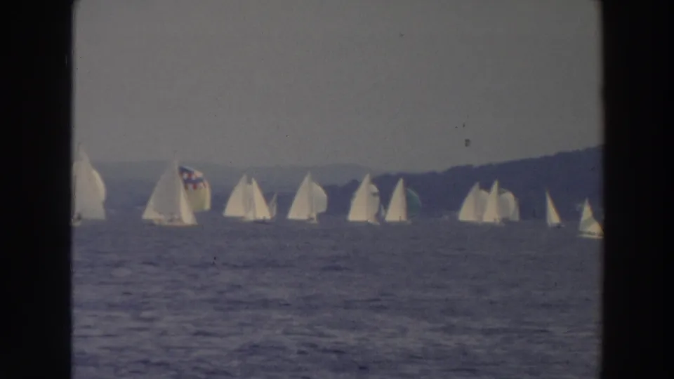 1966 Wisconsin lake view with several white sailboats spread across the frame and a tree-lined shore in the background.