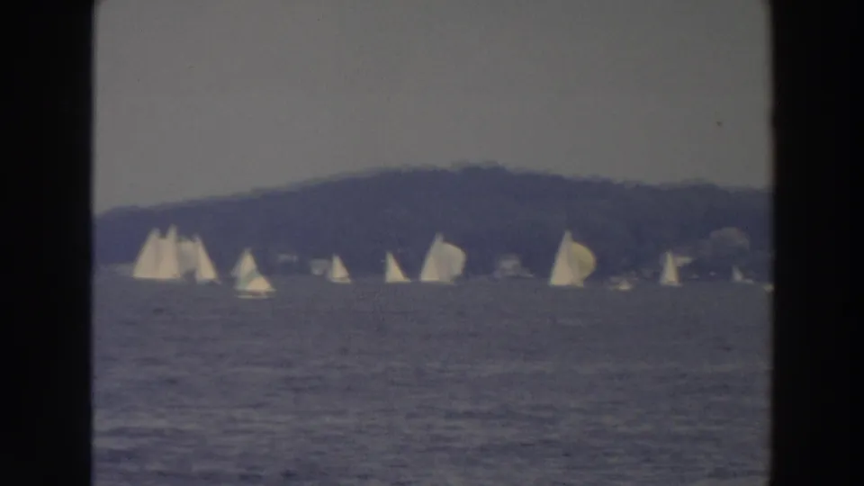 1966 Wisconsin home-movie frame showing multiple white sailboats on open lake water with a tree-lined shore in the distance.