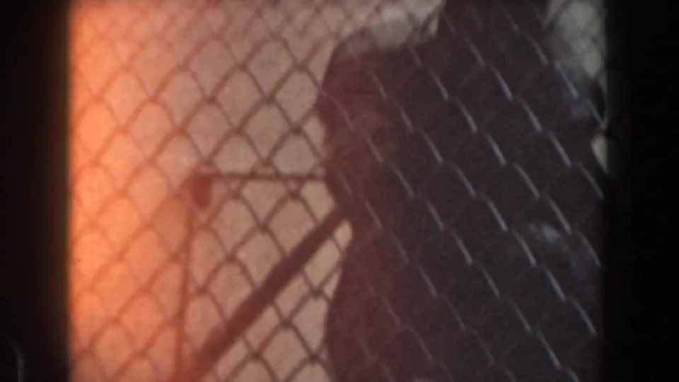 1961 Burbank 8mm frame showing the chimpanzee seated behind chain-link fencing, with a warm light leak along the left side.