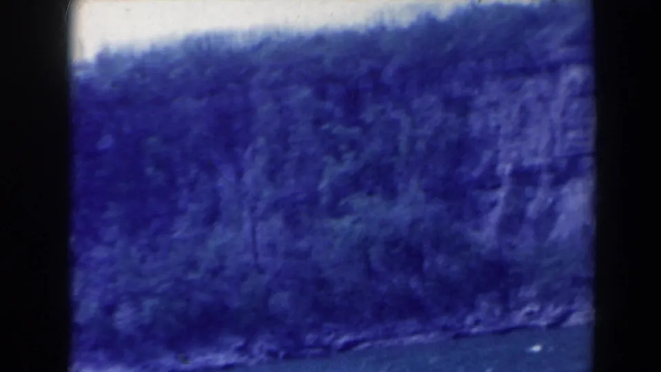 Final 1963 8mm frame of dense vegetation on a cliff beside water in the Niagara Falls, Canada area, with grain, softness, and frame-edge shadows.