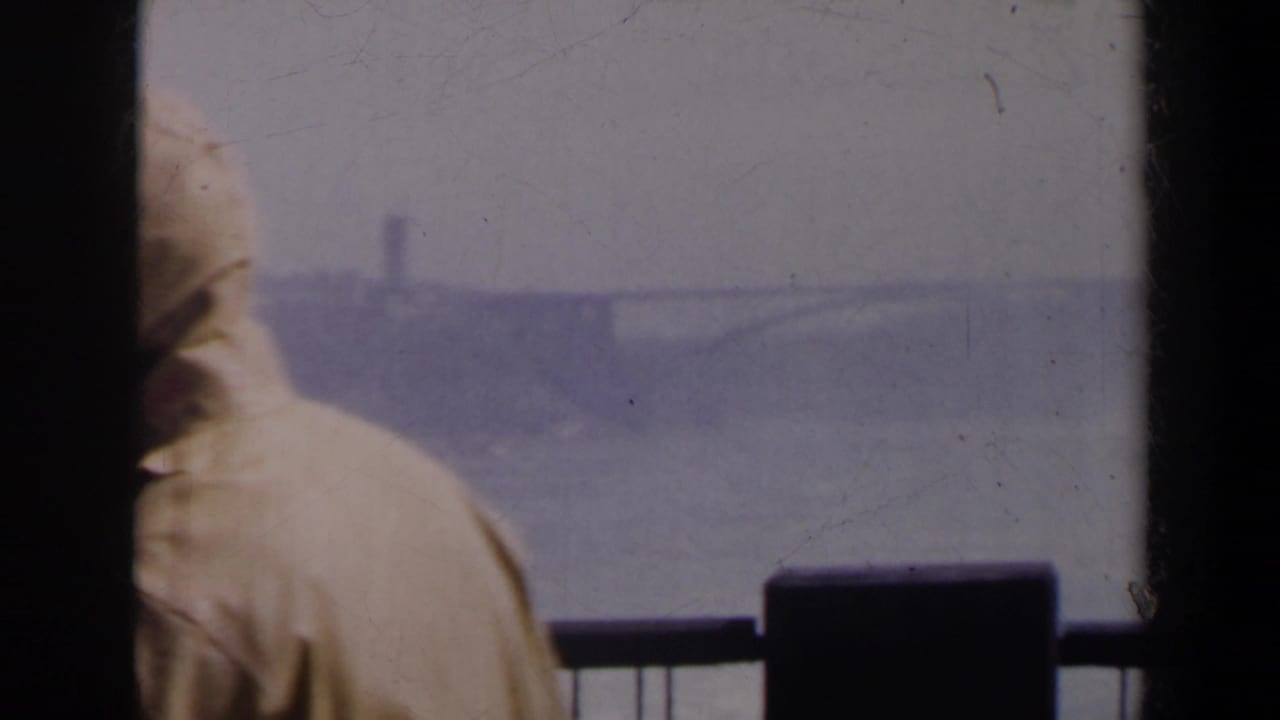 Light-colored hooded figure faces away toward a hazy waterfall view behind railing posts.