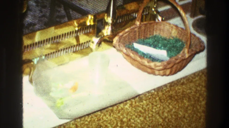 A 1969 8mm home-movie frame of a kitchen counter in Clarendon Hills with a wicker basket, green material, white board, and gold-toned item.