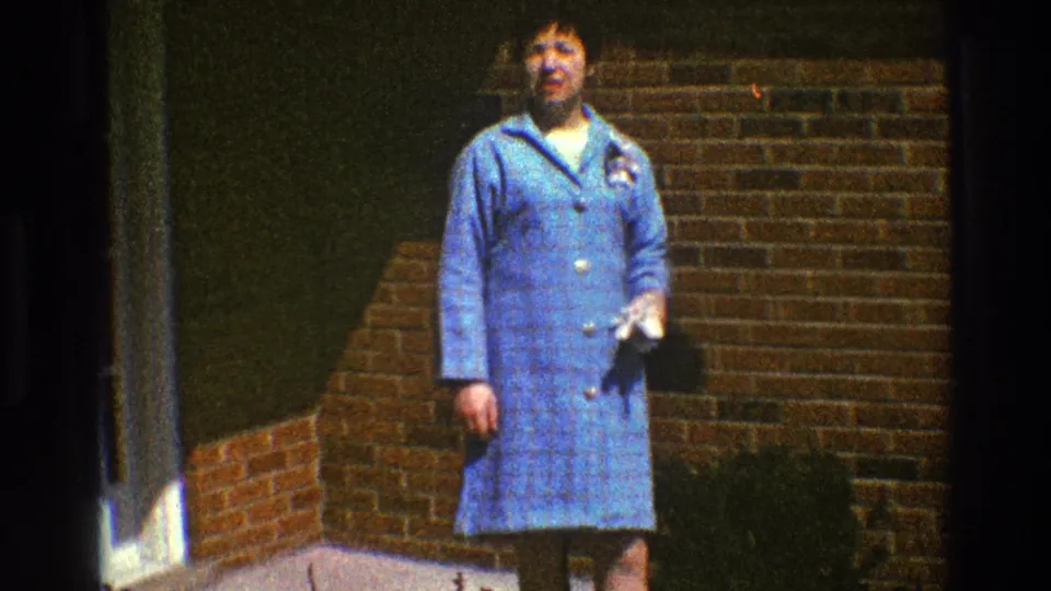 Near the end of the clip, the woman stands outside the brick house, facing the camera in her blue dress.