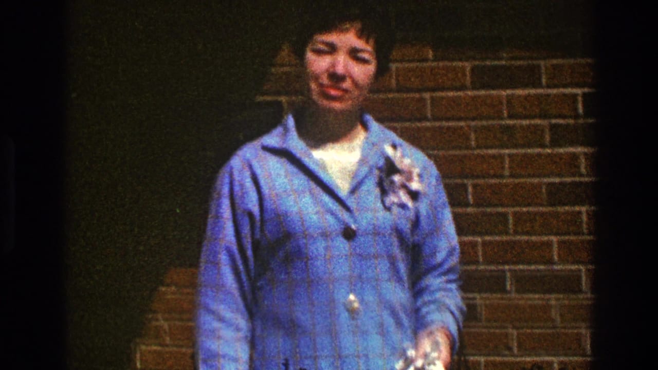 The woman remains near the brick wall in Clarendon Hills, wearing a blue plaid coat and light top while looking toward the camera.
