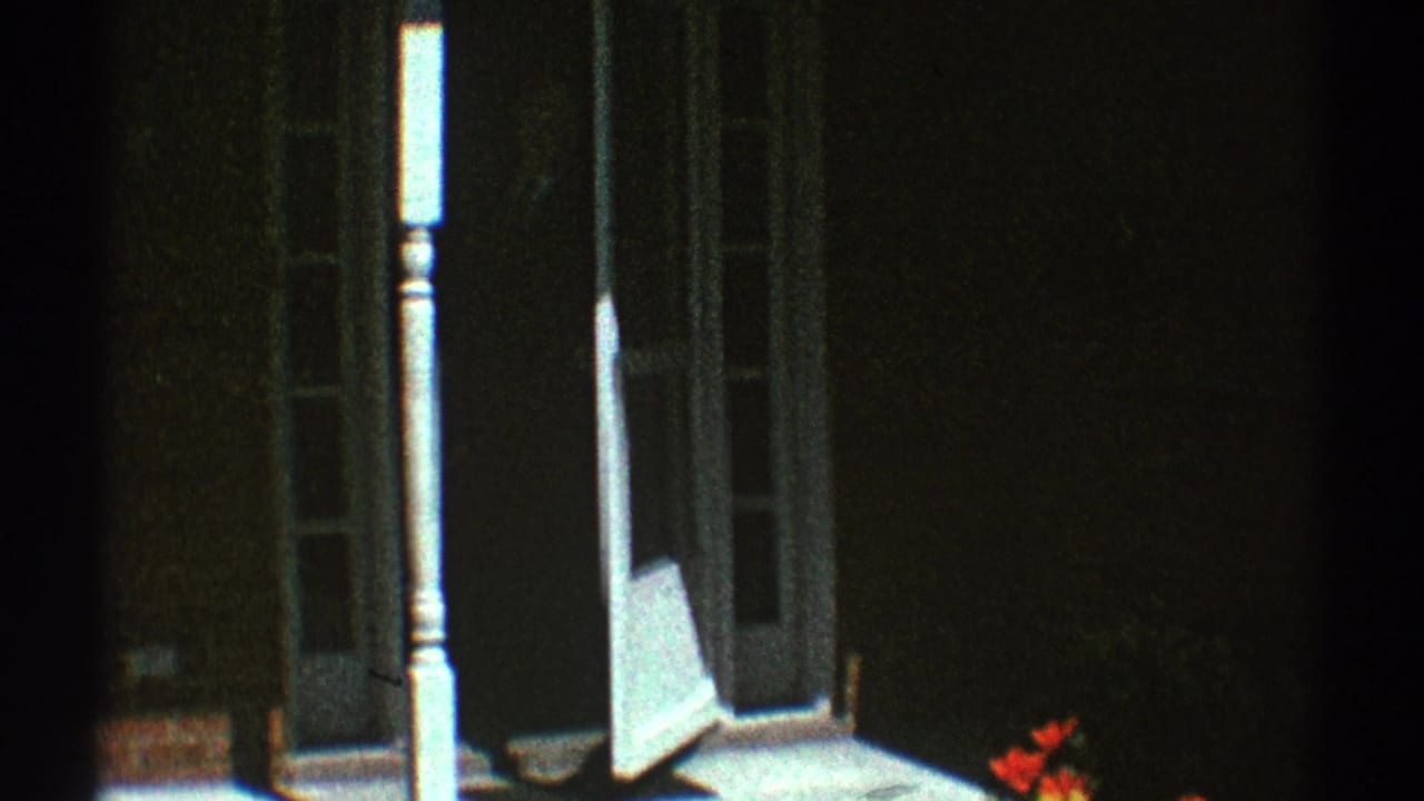 White screen door and porch post beside a dark entry with red flowers at lower right.