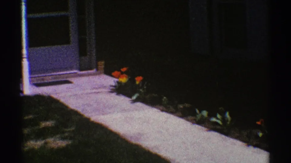 1969 Clarendon Hills home entrance with screen door, white porch post, concrete walk, and bright tulips along the bed.