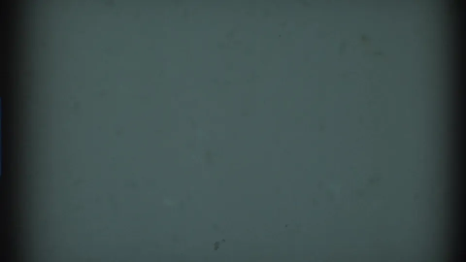 1969 8mm frame from the Clarendon Hills clip with a darkened color field, visible grain, dust, edge shading, and a vertical band through the center.