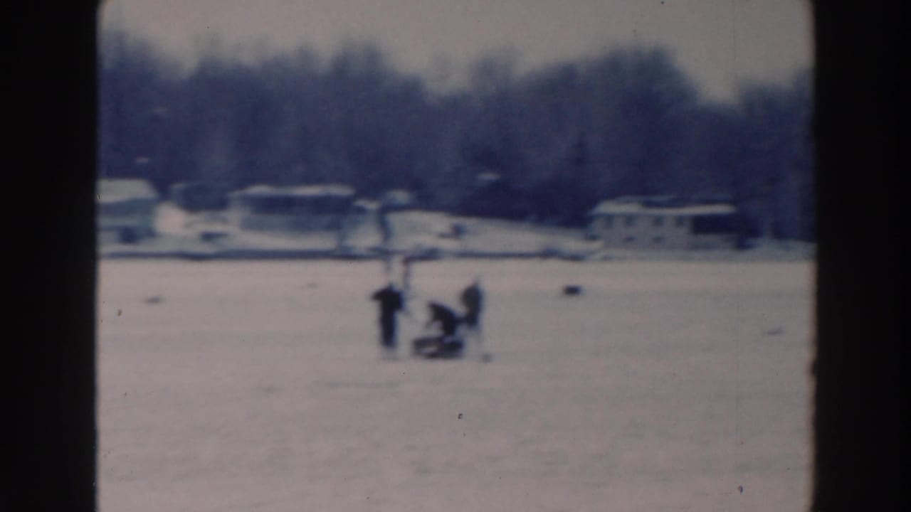 Small group of bundled people gathered on the ice near distant lakeside houses.