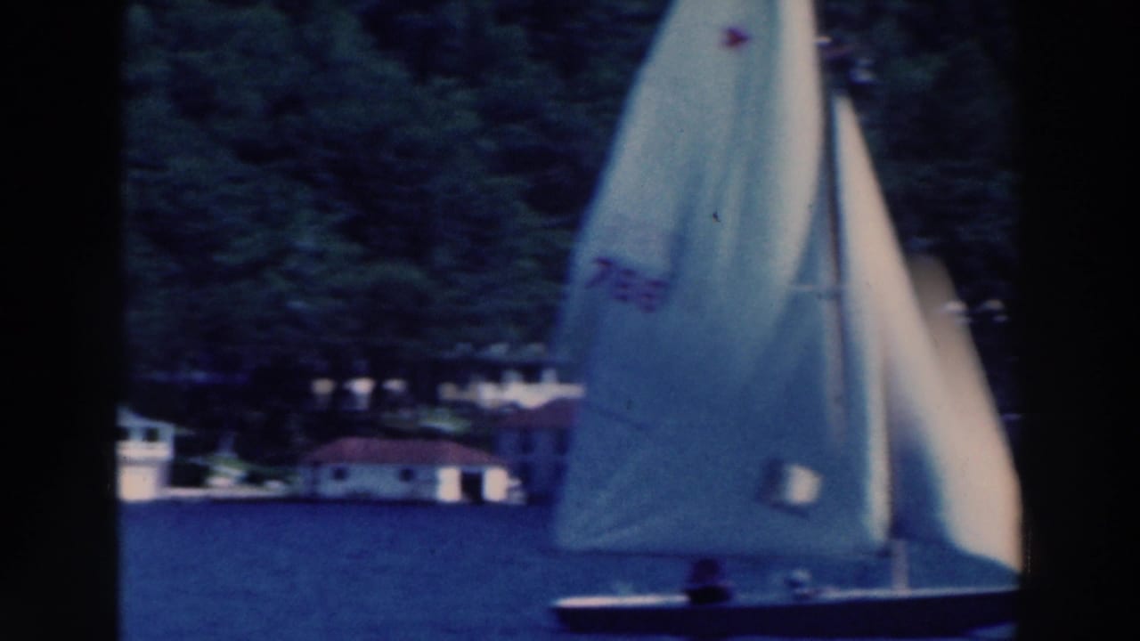White sailboat crossing a blue lake with wooded shoreline behind it.