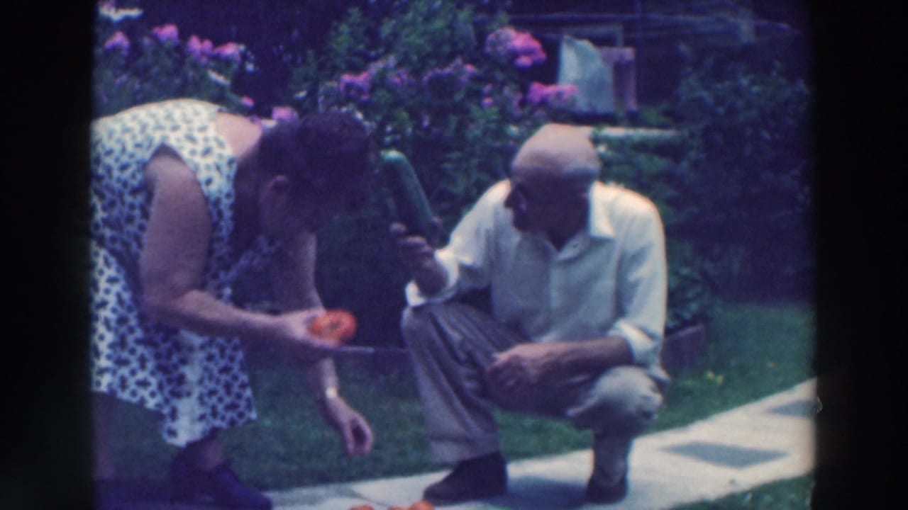 1964 Tustin, Wisconsin home-movie frame with a woman in a polka-dot dress and a crouching man handling backyard vegetables.