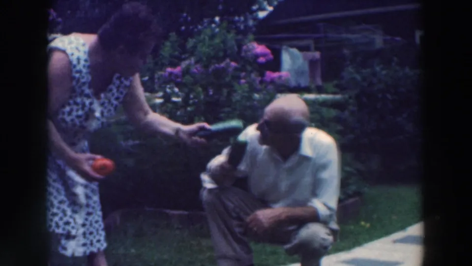 1964 Tustin, Wisconsin home-movie frame with a woman lifting a cucumber and a man crouched beside the backyard path.