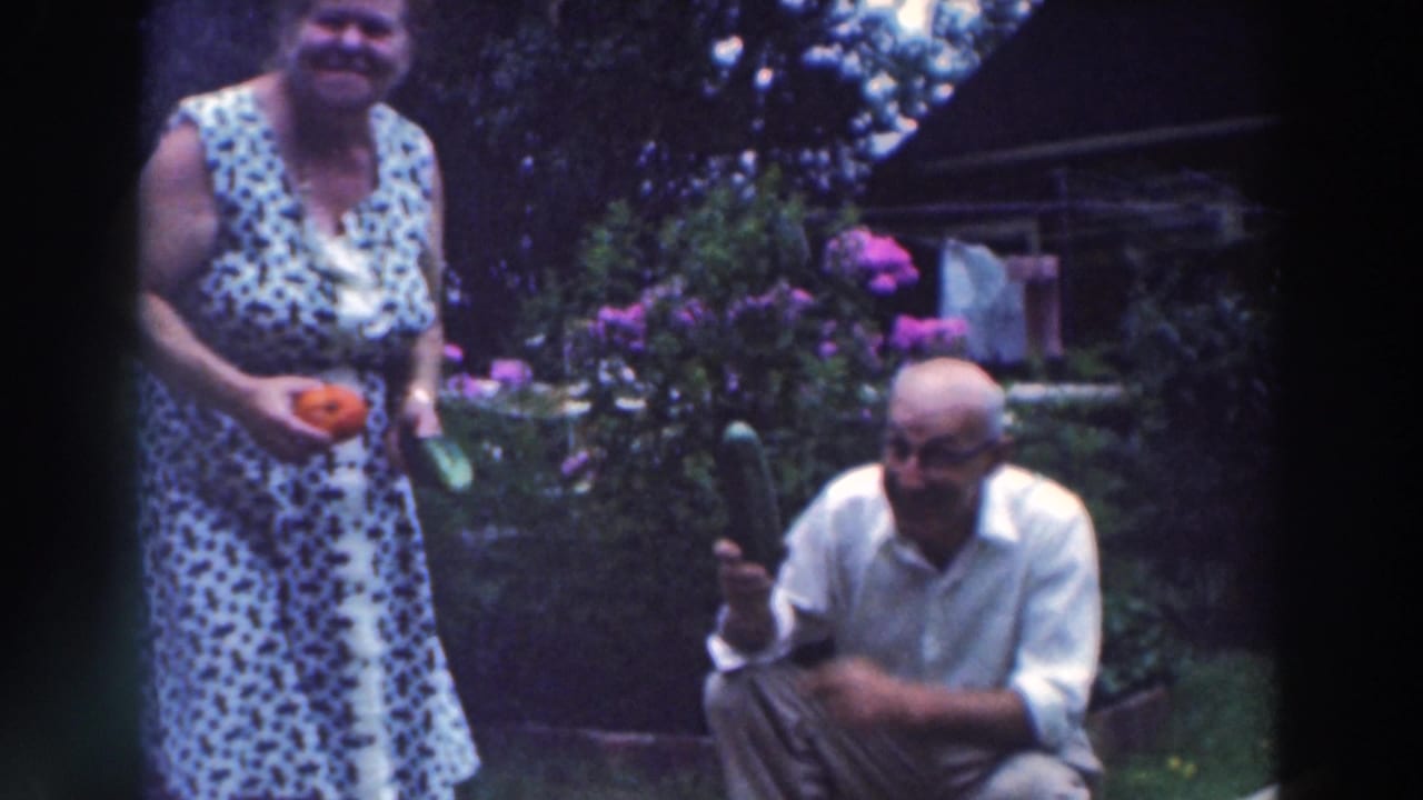 A woman in a sleeveless patterned dress holds a tomato and cucumber near a squatting man in a 1964 Wisconsin backyard.
