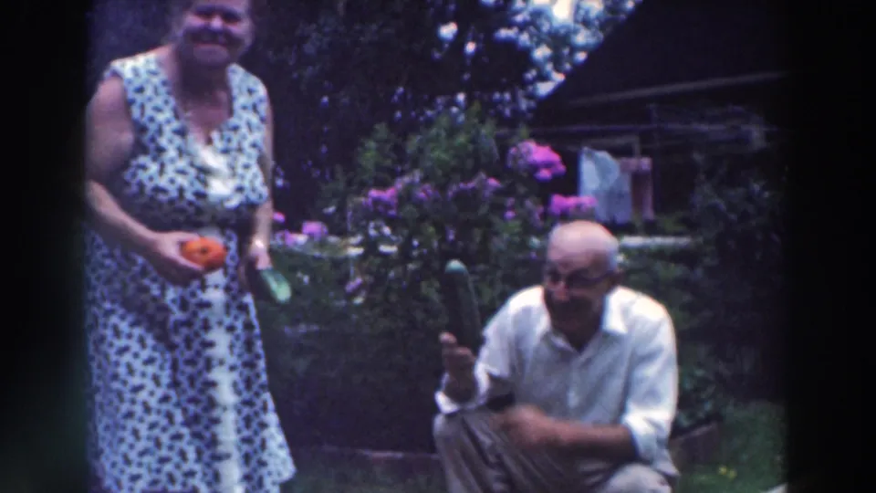 A woman in a sleeveless patterned dress holds a tomato and cucumber near a squatting man in a 1964 Wisconsin backyard.