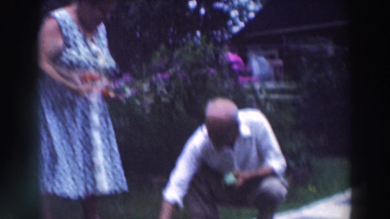 Woman standing and man crouching in a garden with produce near a stone path.
