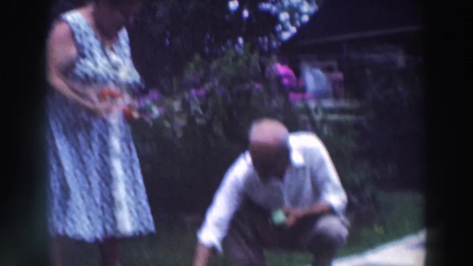 In Tustin, Wisconsin, 1964, a woman in a patterned dress and a crouching man handle garden produce near flowers and a path.