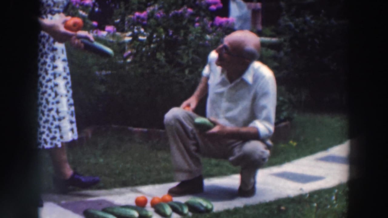 In the 1964 Tustin garden scene, a man with glasses crouches beside cucumbers and tomatoes while a woman holds more produce.