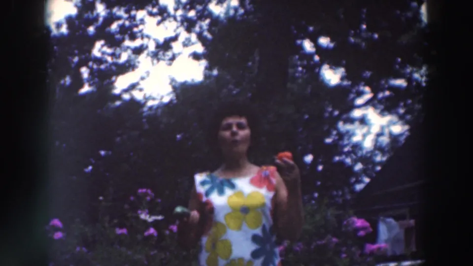 Adult woman in a bold 1960s floral dress stands with a red apple amid purple flowers and tree shade in Tustin, Wisconsin.