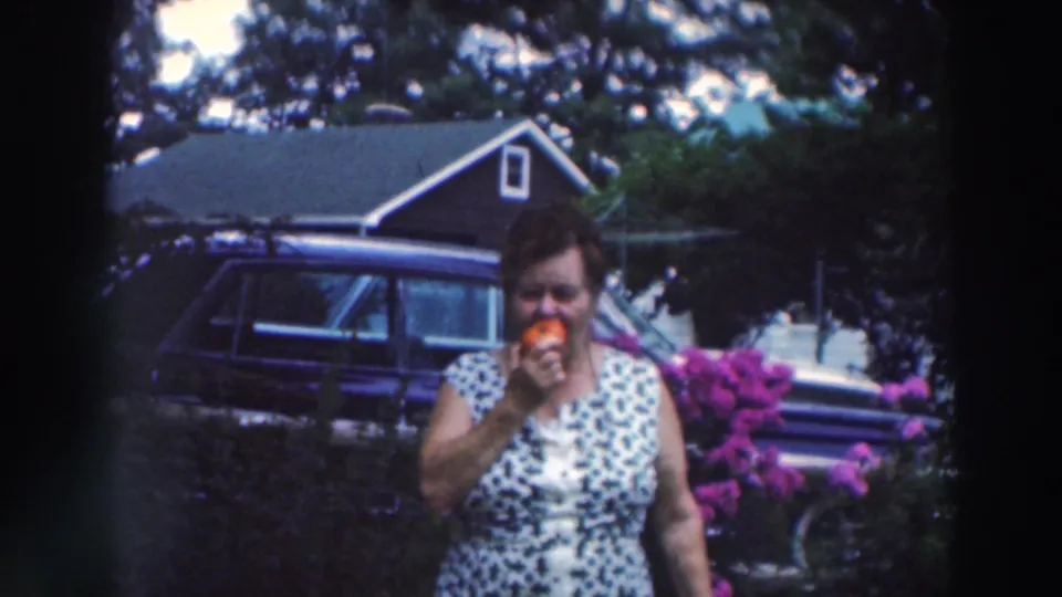 A woman eats an ice cream cone outdoors, with a dark 1960s station wagon, flowers, and a suburban house behind her.