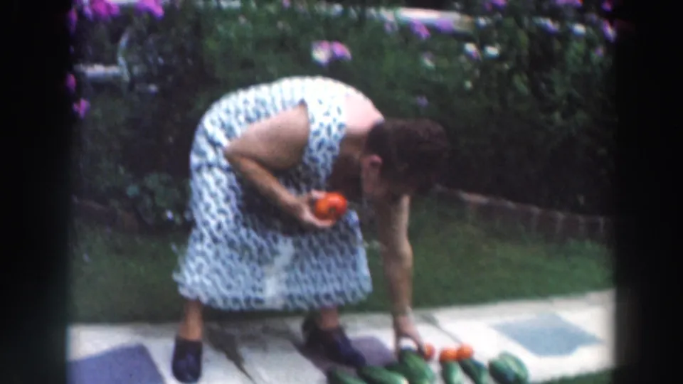 The woman bends beside a lawn and concrete walk, holding a tomato as she reaches toward cucumbers and tomatoes placed on the walkway.