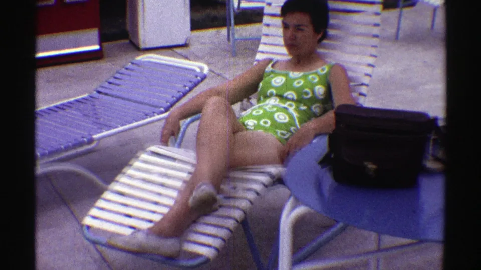 The final frame shows the woman leaning back on the poolside lounge chair, with the blue table and black bag prominent at right.