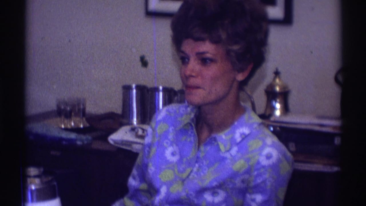 The woman sits at a dining table in the Clarendon Hills home movie, framed with glassware, a metallic pitcher, and wall art behind her.
