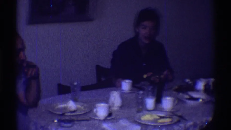 A woman remains seated at the dining table in the Clarendon Hills interior, with tableware and a partially visible companion nearby.