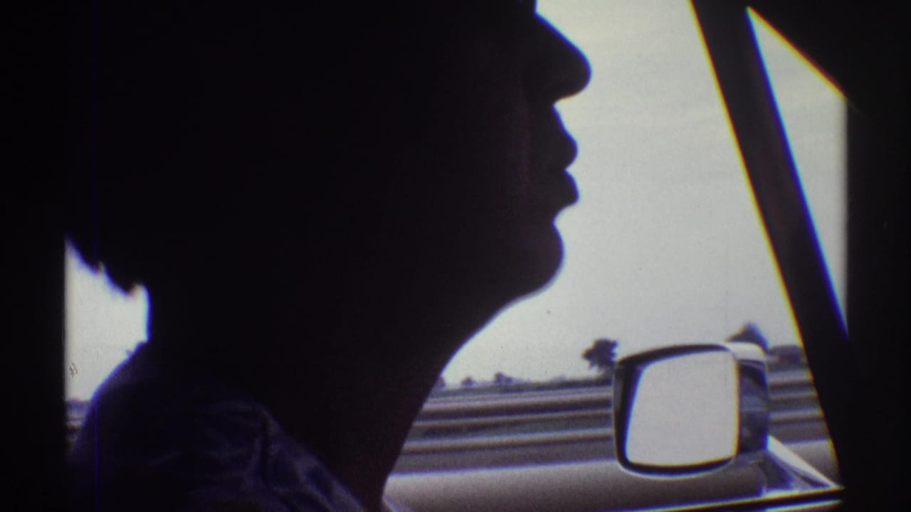 Silhouetted driver seen from the passenger side of a car, with the window frame, side mirror, and highway landscape outside.