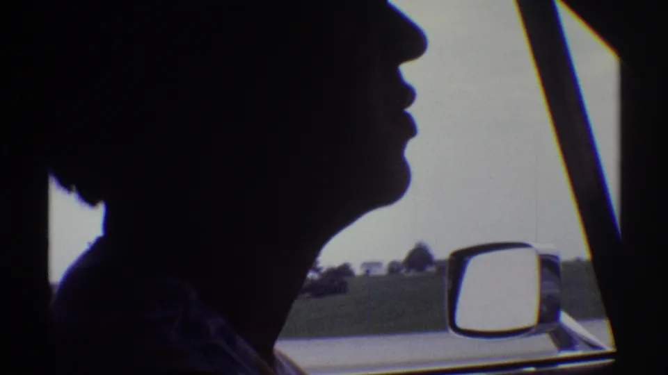 Dark side profile of the driver inside the car, framed by the window with low roadside fields and the side mirror outside.