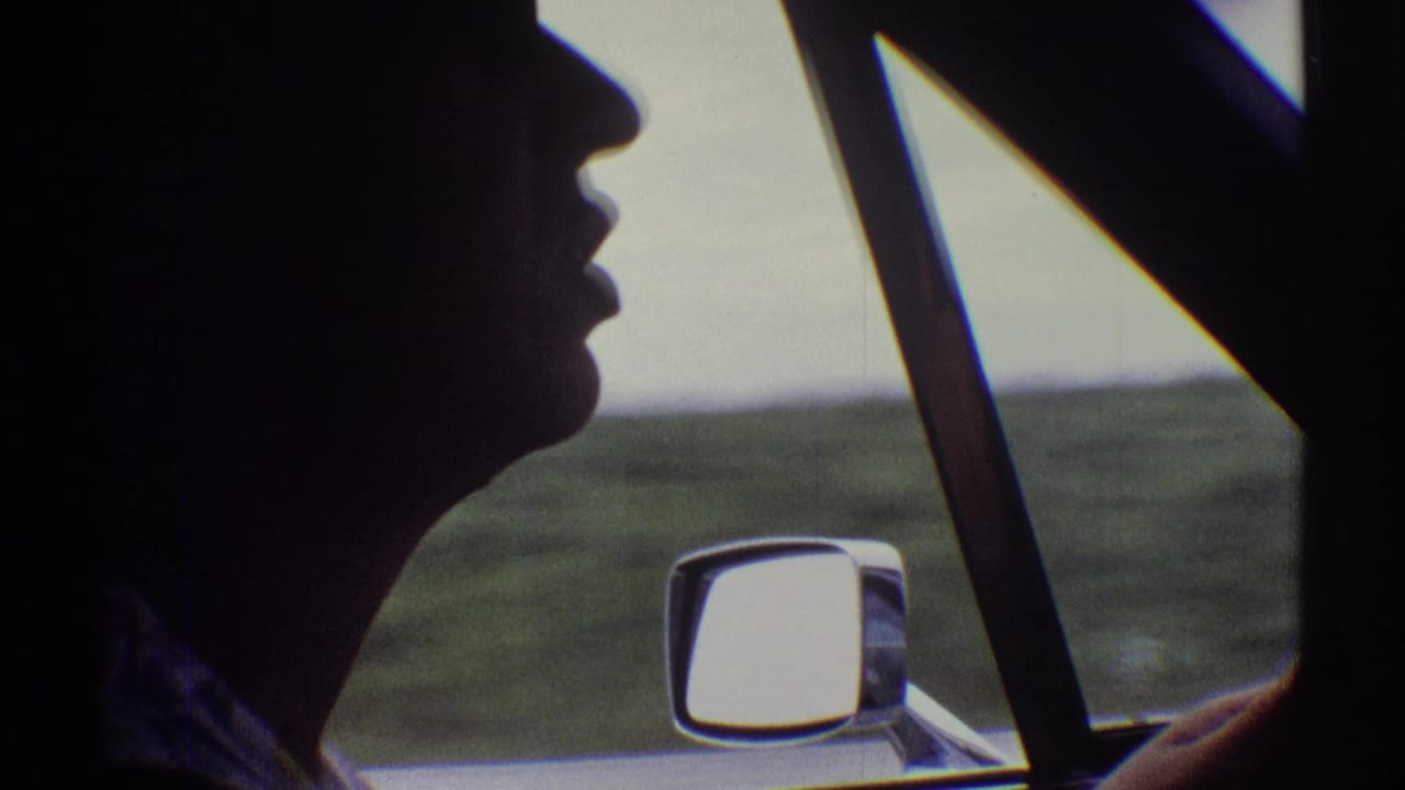 Silhouetted driver in a 1969 Illinois car interior, framed by the window pillar, mirror, and moving roadside beyond.