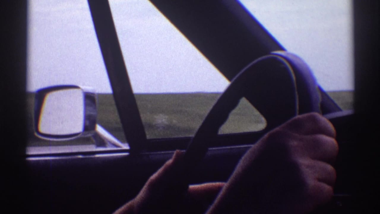 Hands grip a steering wheel inside a moving car, with a side mirror and road visible beyond the window.