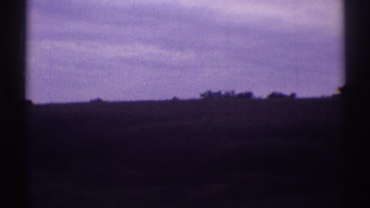 Dark car-window frame looking over a flat horizon beneath a cloudy purple-gray sky.