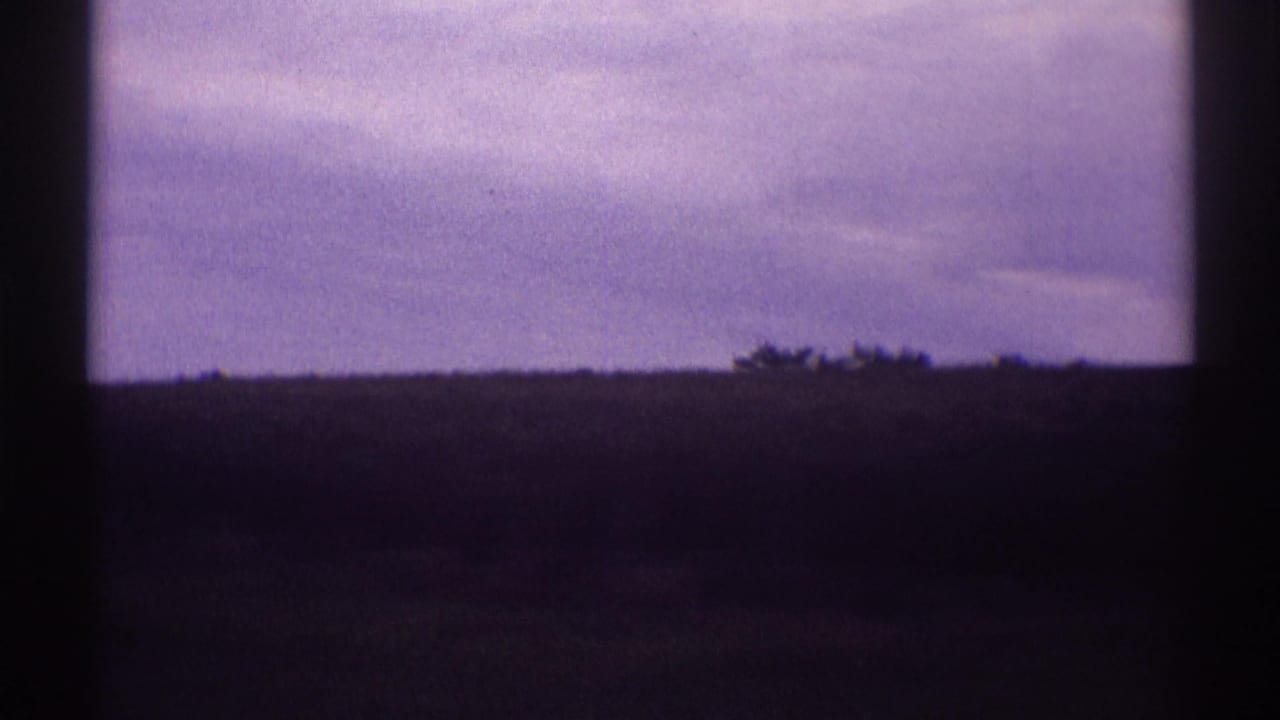 A dark vehicle-window edge frames an overcast 1969 roadside landscape with distant shrubs and a low horizon.