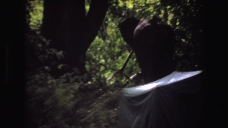1969 Angola 8mm frame with an elephant partly silhouetted in thick forest, near a bright sheet or tarp-like object in the foreground.
