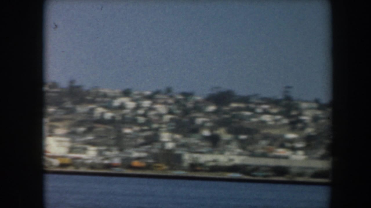 Blurred coastal hillside and ocean seen through dark vertical framing.