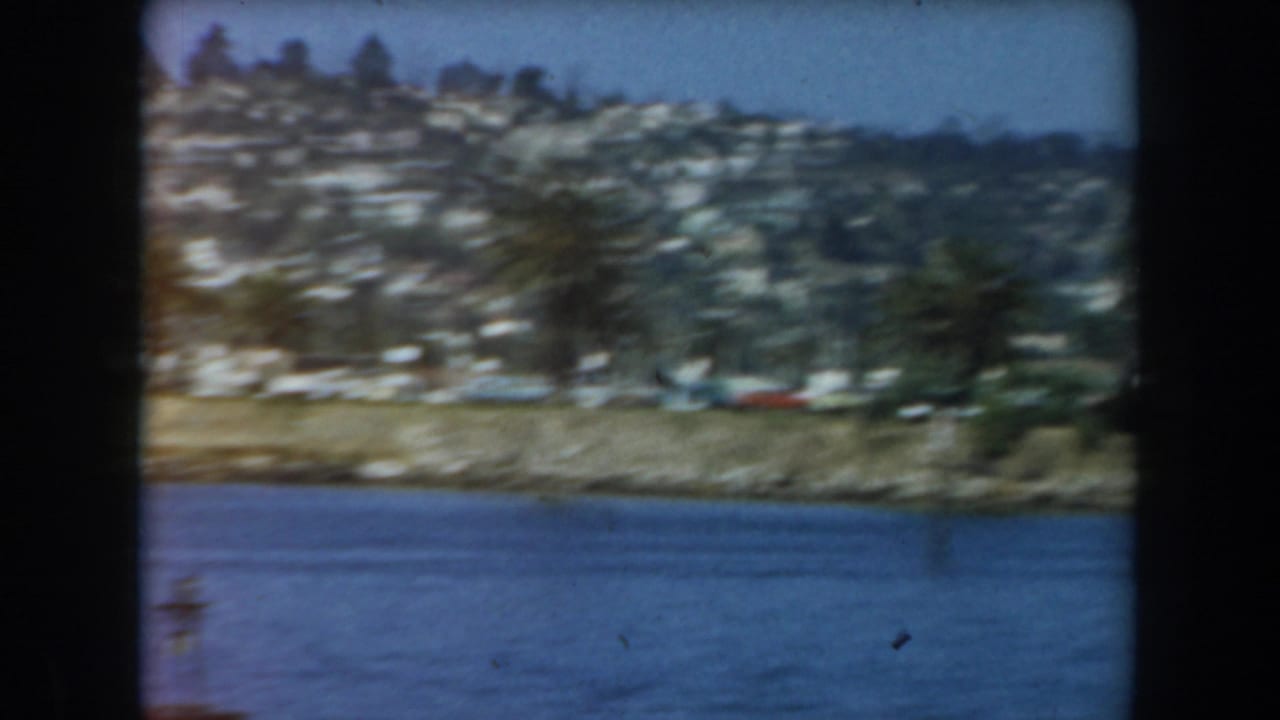Hillside neighborhood above a shoreline and blue water.