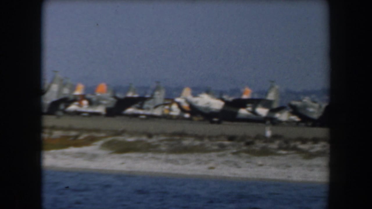 Row of military aircraft parked beyond blue water and a sandy shore.