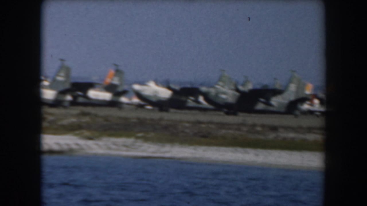 Parked aircraft line the shore with blue water in the foreground.
