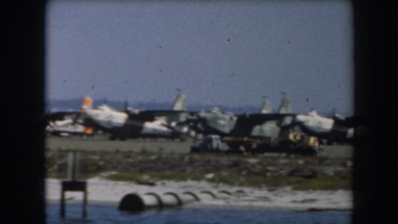 Rows of propeller aircraft parked near water with dark film borders.