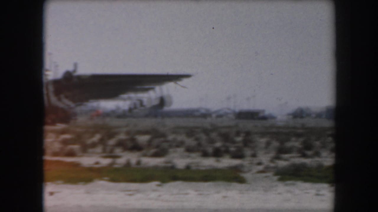 Large propeller aircraft seen side-on across scrubby ground near the shoreline.