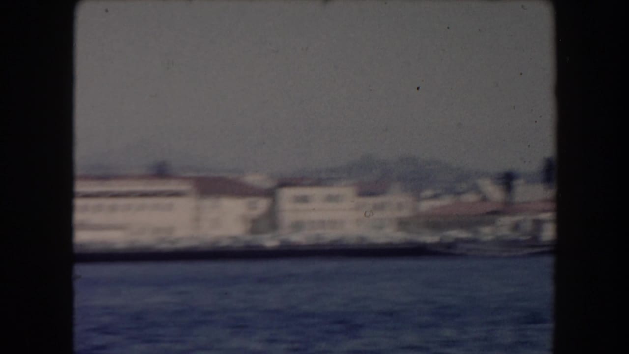 Waterfront buildings across harbor water with a blurred shoreline.